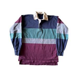 Vintage Eddie Bauer Maroon Teal Navy Gray Striped L Rugby Long Sleeve Shirt